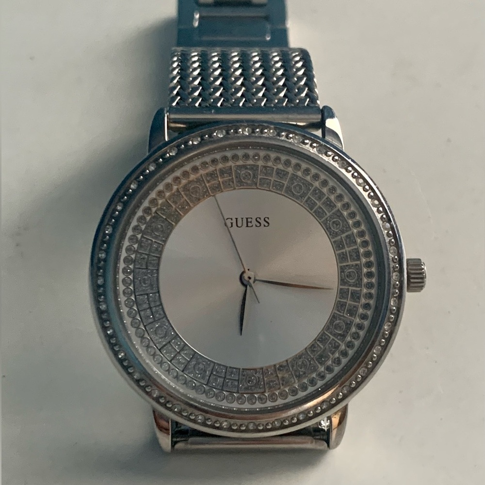 Guess Silver Tone Crystals Stainless Watch